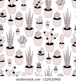 Seamless vector pattern with potted plants in pink colors, perfect for wrapping paper, backgrounds, etc.