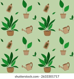 Seamless vector pattern with potted plants, watering cans, leaves, and eco bottles. Ideal for eco brands, packaging, and gardening-themed designs.