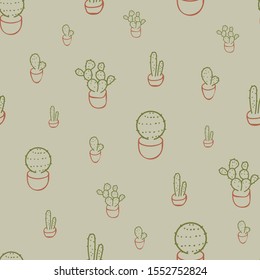 A seamless vector pattern with potted succulents doodle. Surface print design.