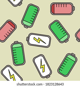 Seamless vector pattern with power batteries low and high charge, lightning on light yellow background. Hand drawn for wallpaper, fabric design, pattern fills.	