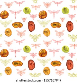 Seamless vector pattern with precious insects and amber.