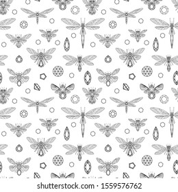 Seamless vector pattern with precious vintage insects. No fill only contour.
