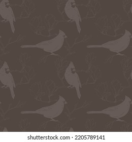 Seamless vector pattern with pretty cardinal birds and romantic flowers, suitable for wrapping paper, textile designs