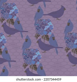 Seamless vector pattern with pretty cardinal birds and romantic flowers, suitable for wrapping paper, textile designs