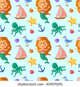 Seamless vector pattern with pretty mermaids, anchor, octopus, sailing ship and seagull. 