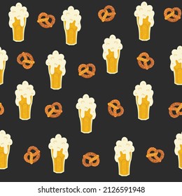 Seamless vector pattern with pretzels and beer. Cute hand drawn german beer festival texture. Oktoberfest theme background for packaging, wrapping paper, fabric, textile, wallpaper, card, menu cafe.