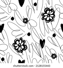 Seamless vector pattern with primitive black and white stylized flowers, hearts and texture of intricate chaotic lines