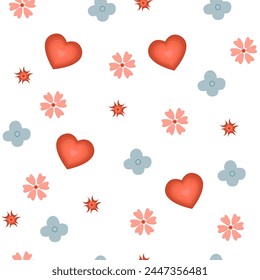 Seamless vector pattern with primitive naive art flowers and hearts on white background