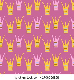 Seamless vector pattern with princess crowns on a pink background.