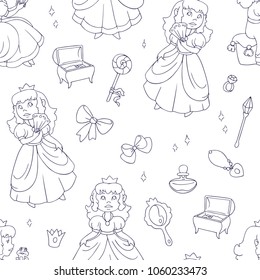 Seamless vector pattern with princess and jewelry.