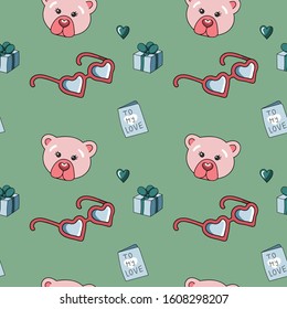 Seamless vector pattern and print with bear toy, card, glasses and. Flat illustration on green background in hand drawn style. Concept of present, and valentines day, could be used for wrapping paper