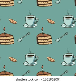 Seamless vector pattern and print with celebrating birthday cake and candle. Flat illustration with spoon and cup on green background in hand drawn style. Concept of dessert in cafe. package design