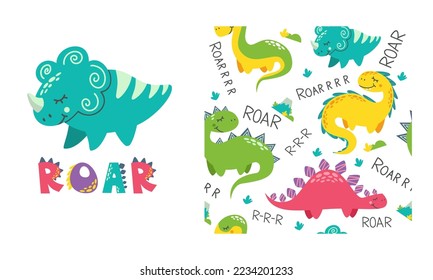 Seamless vector pattern and print for children's products. Bright cute dinosaurs and Roar lettering. 