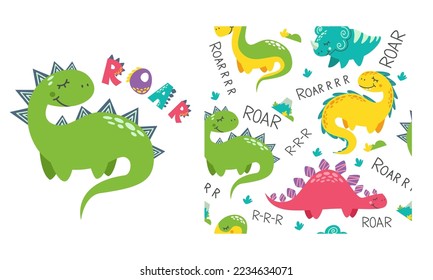 Seamless vector pattern and print for children's products. Bright cute dinosaurs and Roar lettering. 