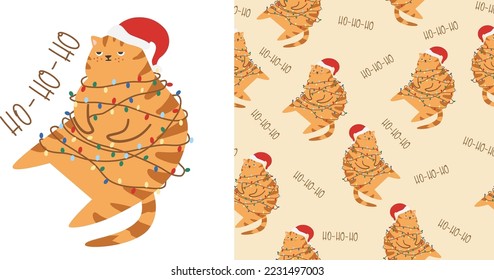 Seamless vector pattern and print for Christmas products. Cute ginger cat sitting in a Santa Claus hat. The cat is tangled in the Christmas garland. 