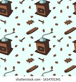 Seamless vector pattern and print with coffee grinder with coffee beans,Cinnamon, Star Anise, Clove. Flat illustration in hand drawn style. Concept of freshly ground coffee, Packaging