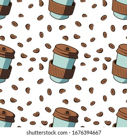 Seamless vector pattern and print with coffee beans and cup to take away. Freehand doodle illustration on white background in hand drawn style. endless Packaging Design for cafeteria and coffee shop