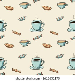 Seamless vector pattern and print with cup of tea or coffee with candies. Flat illustration on warm beige  background in hand drawn style. Concept of Ristretto, lungo, Packaging Design for cafeteria