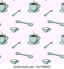 Seamless vector pattern and print with cups amd mugs with spoons. Flat illustration on pink background in hand drawn style. Concept of tasty coffee and tea with milk. Packaging Design for bistro