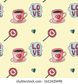 Seamless vector pattern and print with heart, cup of tea or coffe, lollypop and love. Flat illustration on light yellow background in hand drawn style. Concept of coffee break, relaxation and valentin