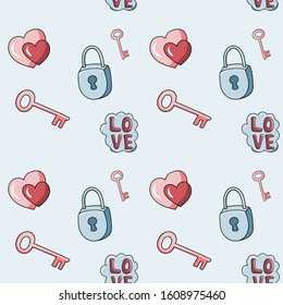 Seamless vector pattern and print with hearts, lock and key. Flat illustration on green background in hand drawn style. Concept of a love and valentines day, could be used for wrapping paper design