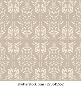 Seamless vector pattern, print, lace, hand drawn decor elements on coffee-colored background, vintage tile design, baroque style