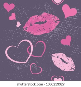 Seamless vector pattern with a print of lips and hearts.