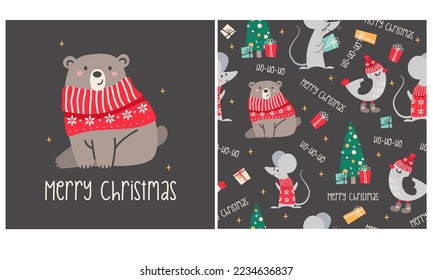 Seamless vector pattern and print for New Year's products. Cute teddy bear and mouse in a Christmas sweater. Birdie in winter hat and valenki. Christmas tree with gifts 