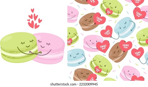 Seamless vector pattern and print on white background. Set of illustrations for Valentine's Day products. Two macaroons cakes hugging each other. Lettering I love you