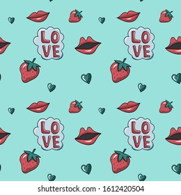 Seamless vector pattern and print with strawberry smile lips heart and love. Flat illustration on blue background in hand drawn style. Concept of dating, love and valentines day