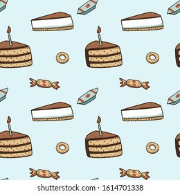 Seamless vector pattern and print with with tasty cheesecake, delicious cake, candy and simit. Flat illustration on blue background in hand drawn style. Concept of Packaging Design for bakery and cafe