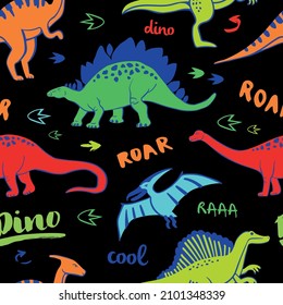 Seamless vector pattern, print for textiles, colorful bright dinosaurs on a black background