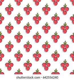 Seamless vector pattern for printing and design with berries in a palette of white, green and red. Black outline with uneven fills