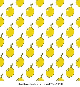 Seamless vector pattern for printing and design. Fruit background. Bright yellow lemons with green leaves. Black outline with uneven fills