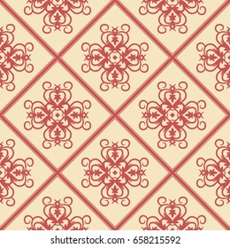 Seamless vector pattern for printing and design. Abstract red ornament on a beige background with rhombuses