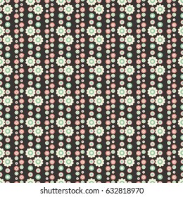 Seamless vector pattern for printing. Flowers and circles in a palette of turquoise, pink, brown and beige