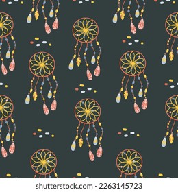 Seamless vector pattern for printing on products. Colorful dream catcher and caption follow your dreams 