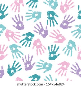Seamless vector pattern of prints of hands. Watercolor pattern.  