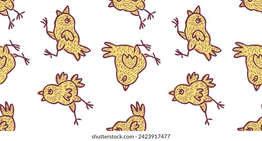 Seamless vector pattern of profile drawn cartoon domestic little yellow chicks baby animals background for paper,textile