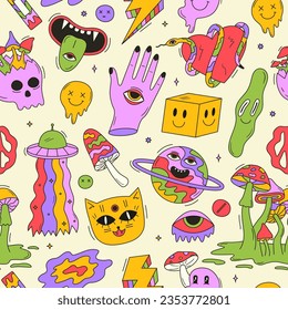 Nahtlose Vektormuster mit psychedelischen verrückten Monstern und Elementen. Alien, Fufo, Schädel, Pilz, Mund und andere Doodles auf dem Hintergrund. Große Raumstruktur. Funky Design im Stil der 70er und 80er