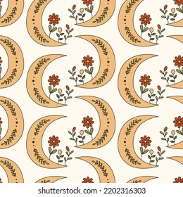 Seamless vector pattern with psychedelic mystic crescent symbol in 70s art style. Retro groovy background of moon with flowers and leaves. Pagan texture. Vintage boho illustration