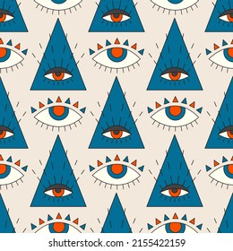 Seamless vector pattern with psychedelic religion symbols. Retro groovy graphic background with triangle and abstract eye. Vintage hippy texture