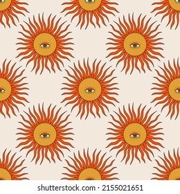 Seamless vector pattern with psychedelic sun and one eye. Bohemian background. Vintage groovy texture with mystic symbol