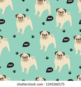 Seamless vector pattern with pug. 