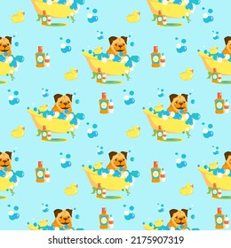 Seamless vector pattern Pug in bath with rubber duck. Bathroom washing for animal. Grooming service.