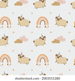 Seamless vector pattern with pug and rainbow. Trendy baby texture for wrapping paper, greeting cards, design.