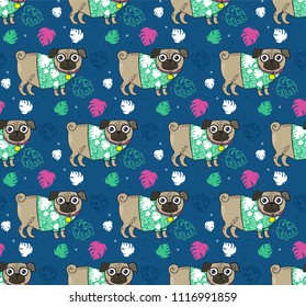 Seamless vector pattern with pug wearing hawaiian shirt. Hand draw colorful pug on the background with jungle leaves. Pattern Illustration with cute dog for kids. Summer print for fabric or wallpaper