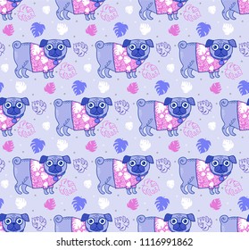 Seamless vector pattern with pug wearing hawaiian shirt. Hand draw colorful pug on the background with jungle leaves. Pattern Illustration with cute dog for kids. Summer print for fabric or wallpaper