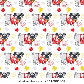 Seamless vector pattern with pug wearing hawaiian shirt. Hand draw colorful pug on the background with jungle leaves. Pattern Illustration with cute dog for kids. Summer print for fabric or wallpaper