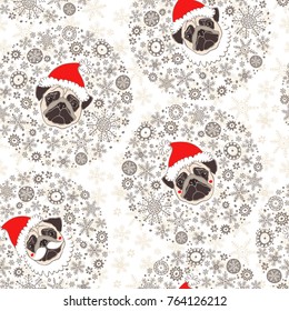 Seamless vector pattern with pugs dogs in Santa Claus hat.  Dog - animal symbol of new year 2018.